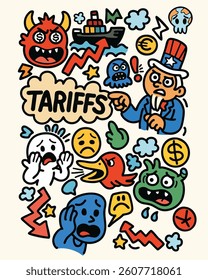 Colorful cartoon chaos reacting to global tariffs