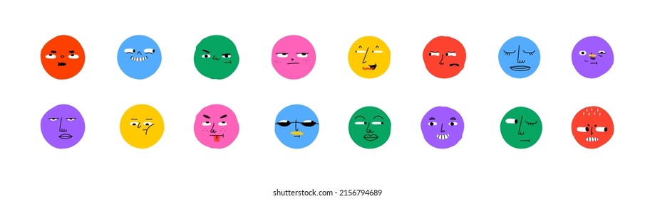 Colorful Cartoon Character Face Circle Illustration Set. Funny People Faces Doing Diverse Gesture And Mood Expression In Trendy Cartoon Style. Social Media Reaction Sticker, Children Drawing Concept.