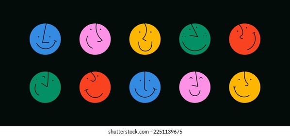 Colorful cartoon character face circle illustration set. Funny people faces doing diverse gesture and mood expression in trendy cartoon style. Social media reaction sticker, children drawing concept.