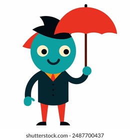 A colorful cartoon character holding a bright umbrella, standing cheerfully in the rain with a big smile and vibrant attire, bringing joy to the scene.