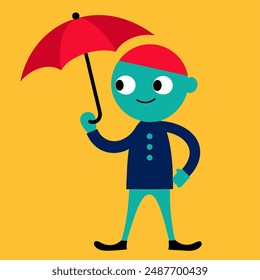 A colorful cartoon character holding a bright umbrella, standing cheerfully in the rain with a big smile and vibrant attire, bringing joy to the scene.