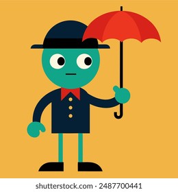 A colorful cartoon character holding a bright umbrella, standing cheerfully in the rain with a big smile and vibrant attire, bringing joy to the scene.