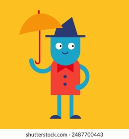 A colorful cartoon character holding a bright umbrella, standing cheerfully in the rain with a big smile and vibrant attire, bringing joy to the scene.