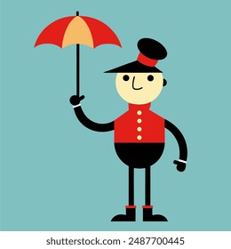 A colorful cartoon character holding a bright umbrella, standing cheerfully in the rain with a big smile and vibrant attire, bringing joy to the scene.