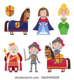 Colorful cartoon character of medieval tales showing princess and knight and king on white. 