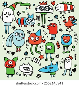 Colorful cartoon character with playful expression , Cute hand drawn doodle , Illustration Vector