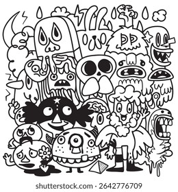 A colorful cartoon characters fill scene, showcasing variety of whimsical and spooky designs