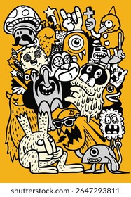 A colorful cartoon characters and monsters in playful design on bright yellow background