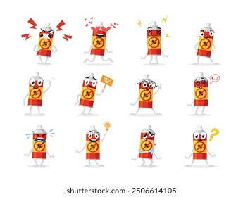 Colorful cartoon characters resembling insect spray bottles display a range of emotions and activities. Each character features unique expressions and gestures, showcasing creativity and fun.