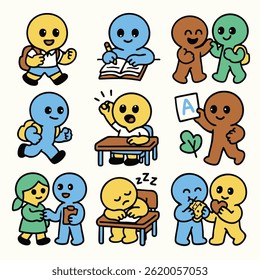 Colorful cartoon characters in school activities, showcasing friendship and learning moments
