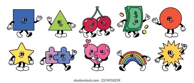 Colorful cartoon characters: square, triangle, cherries, money, circle, star, puzzle, heart, rainbow, sun. Fun, vibrant, playful designs with faces and limbs. Cute element vector set.