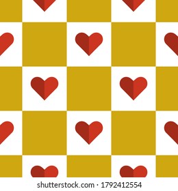 Colorful cartoon checkered heart in flat style seamless pattern. Romantic polka dot background. Valentin's day card.  Vector illustration.  