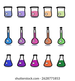 Colorful Cartoon Chemistry Lab Glassware Set – Vector Illustration, Science Equipment Clipart – Beakers and Flasks in Rainbow Colors