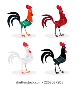 Colorful cartoon chicken breeds set. Black, green, red and white roosters. Vector illustration isolated on white background. For web, mobile app, print, banner, poster, greeting card and other design 