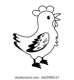 Colorful cartoon chicken stands proudly against a white background showcasing its features and charm