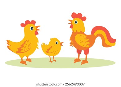 Colorful cartoon chickens and chick singing together in a lively farm setting