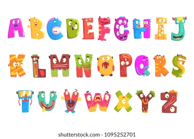 Colorful cartoon children English alphabet with funny monsters. Education and development of children detailed colorful Illustrations