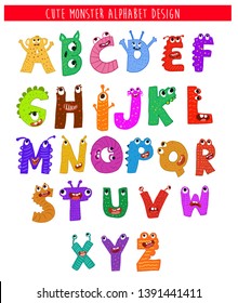 Colorful cartoon children English alphabet with funny monsters. Education and development of children detailed colorful Illustrations 
