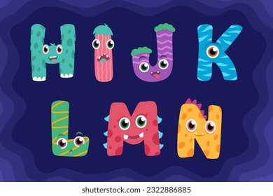 Colorful cartoon children English alphabet with funny monsters. Education and development of children detailed colorful Illustrations