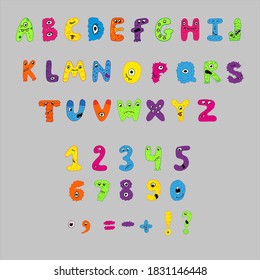 Colorful cartoon children's English alphabet and numbers with funny monsters for Halloween. Education and development of children detailed colorful illustration
