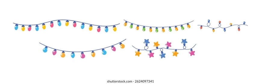 Colorful Cartoon Christmas Lights Garlands on White Background for Festive Designs and Decorations