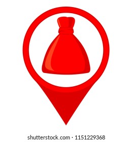 Colorful cartoon christmas presents location marker. Santa sack map sign. New year holiday themed vector illustration for icon, emblem, stamp, label, badge, certificate, leaflet or banner decoration