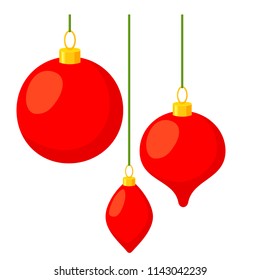 Colorful cartoon christmas tree decorations set. Three hanging xmas baubles. New year holiday themed vector illustration for icon, stamp, label, certificate or gift card decoration