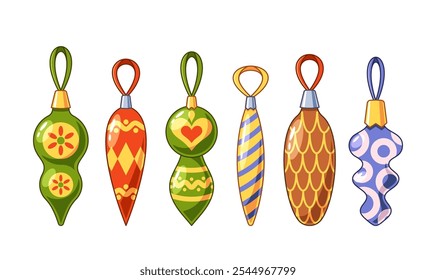 Colorful Cartoon Christmas Tree Decorations Display Unique And Vibrant Design, Perfectly Capturing The Festive Spirit. Each Ornament Showcases Different Patterns With Bright Colors And Joyful Ambiance