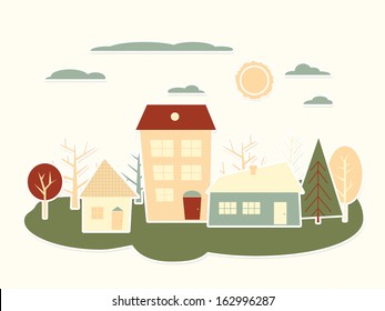 Colorful cartoon city landscape. Paper cutout