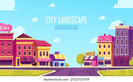 Colorful cartoon cityscape with various shops and buildings under a clear blue sky.