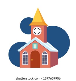 Colorful cartoon clock towerr. Small town building. Vector illustration for icon, site label, gift card or party decoration