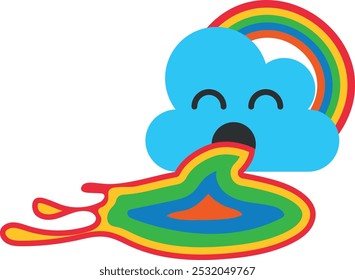 Colorful cartoon cloud vomiting a rainbow onto a flat surface, playful and vibrant illustration.