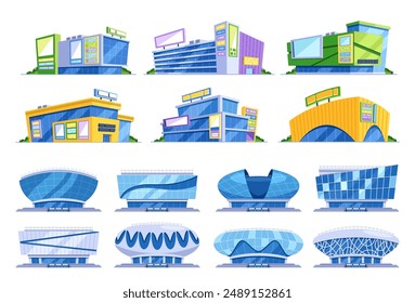 Colorful Cartoon Collection Of Modern Buildings, Including Shopping Centers And Stadiums with Sleek Shapes