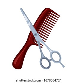 Colorful cartoon comb and scissors. Hairdresser tool symbol. Beauty salon themed vector illustration for icon, stamp, label, certificate, brochure, leaflet, coupon or banner decoration