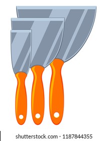 Colorful cartoon construction spatula set. Handyman tool for home repair. House improvement themed vector illustration for icon, sticker, patch, label, badge, certificate or flayer decoration