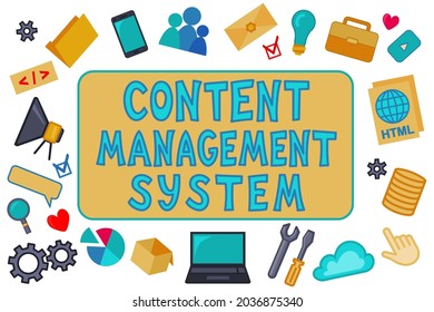 Afiche gráfico colorido del sistema de control de caricaturas. Icono de CMS conjunto ilustración vectorial para sitio web, banner de fondo del folleto.