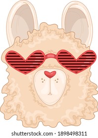 Colorful cartoon cool looking lama in heart shaped glasses template. Bright comic alpaca vector illustration for games, background, pattern, decor. Print for fabrics and other surfaces. 