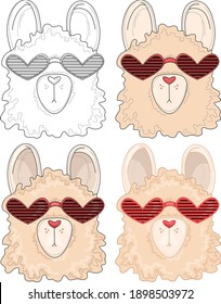 Colorful cartoon cool looking lama in heart shaped glasses sketch template set. Bright comic alpaca vector illustration in color and black and white for game, pattern, decor. Coloring paper, page,book