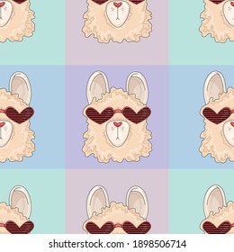 Colorful cartoon cool looking lama in heart shaped glasses seamless pattern template. Bright comic alpaca vector illustration for games, background, pattern, decor. Print for fabrics and other surface