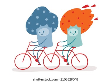 Colorful Cartoon Couple Riding A Red Tandem Bike Isolated On White - Vector