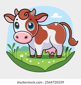 colorful Cartoon Cow in a Pastoral Setting
