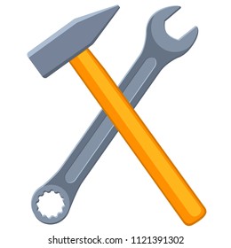 Colorful cartoon crossed hammer and wrench. Handyman tools for home repair. Construction themed vector illustration for icon, logo, sticker, label, badge, certificate or flayer decoration