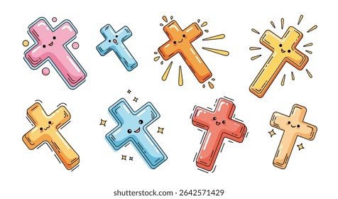 Colorful Cartoon Crosses with Smiling Faces Decorative and Religious Illustration Set Design
