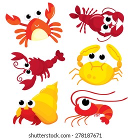 A colorful cartoon crustacean family vector illustration set.