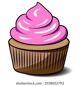 Colorful cartoon cupcake with pink frosting. Vector illustration of a cupcake with pink frosting in a brown wrapper. The design features bold lines, clean details, and bright colors