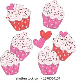 Colorful cartoon cupcakes with pink cream frosting and hearts template set. St. Valentines day bright vector illustartion for games, background, pattern, decor. Print for fabrics and other surfaces.