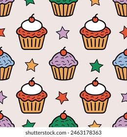 Colorful cartoon cupcakes and stars. Vector seamless cupcakes pattern in groovy style retro colors.