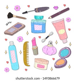 Colorful cartoon cute makeup set with decorative elements. 
fashion. vector illustration. Girly
