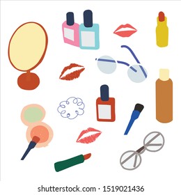 Colorful cartoon cute makeup set with decorative elements. fashion. vector illustration. Girly