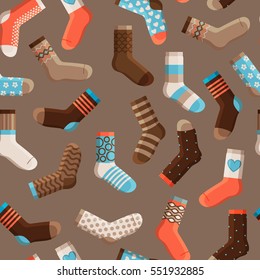 Colorful cartoon cute stylized kids socks, seamless pattern with dark background. Vector illustration.